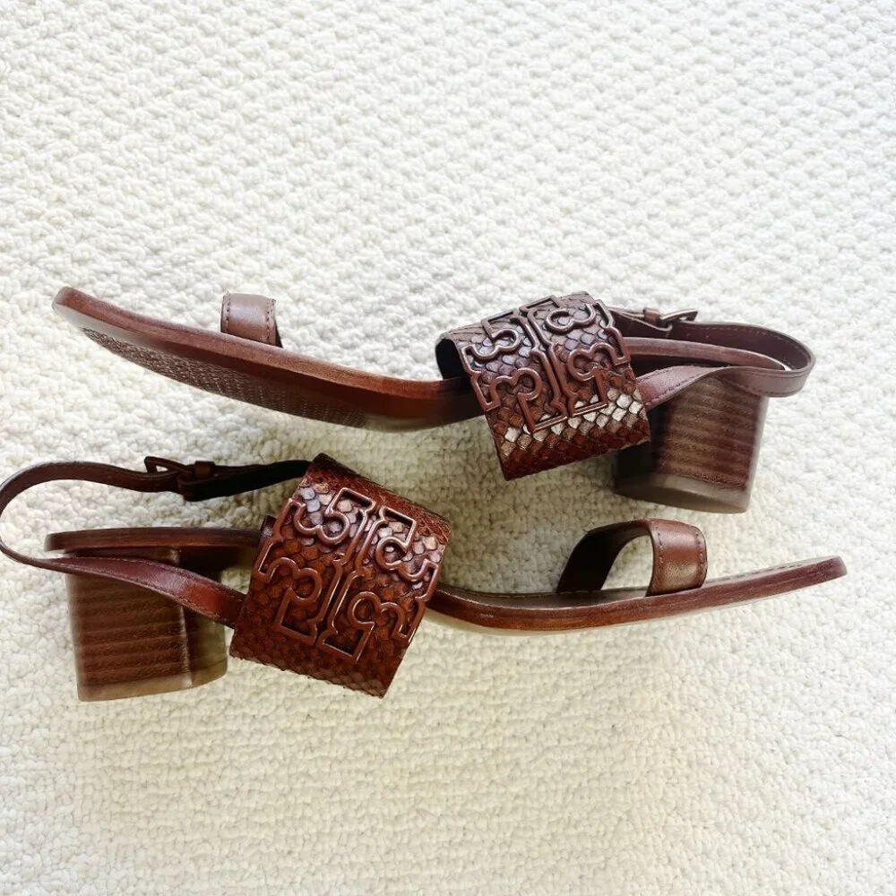 LIKE NEW Tory Burch Eleanor Brown Slingback Sandals Snakeskin Brown 9M